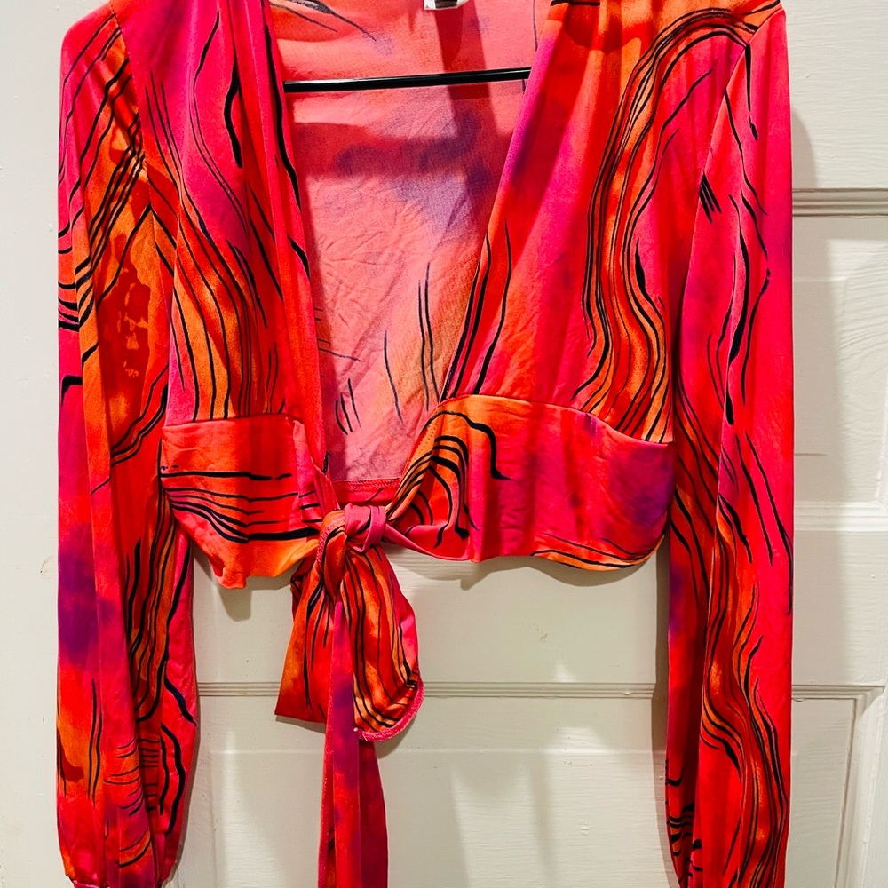 Vintage Vibrant Orange and Pink Tie-Front Women's Top, Large